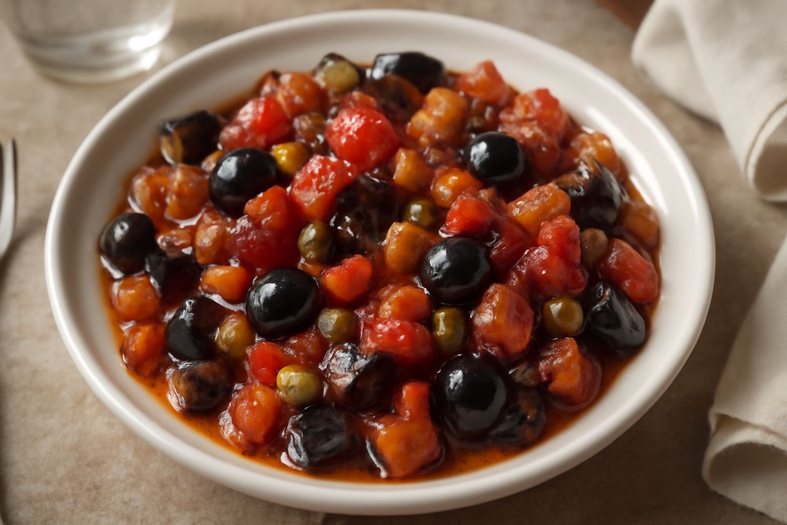Caponatina servita in piatto bianco: melanzane viola tagliate a dadini, pomodori rossi, olive nere, capperi verdi e cipolla trasparente, condite con olio d'oliva lucido, guarnita con prezzemolo fresco