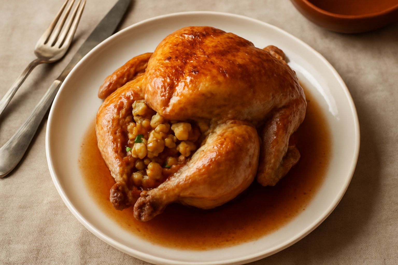 Capone arrosto dorato e lucido in una pirofila, con contorno di patate arrostite intorno, tavolo in legno scuro con tovaglia beige