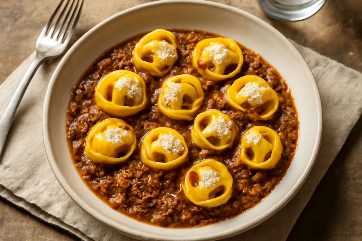 Piatto di ceramica bianca con cappelletti piegati a forma di cappellino, ricoperti di ragù marrone scuro, grattugia di parmigiano reggiano bianca sulla superficie, forcella accanto