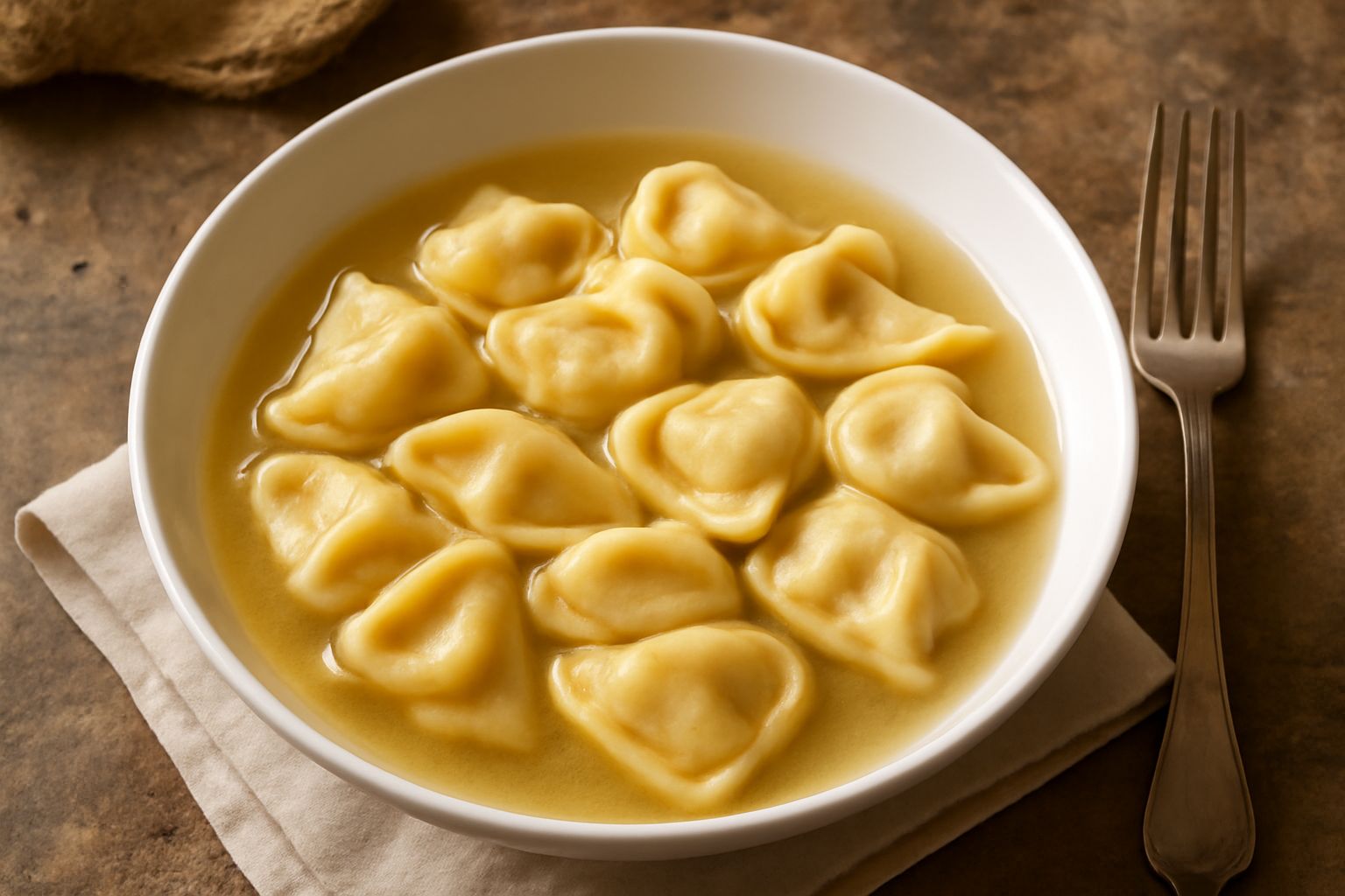Cappelletti di carne piegati a triangolo e poi chiusi a mezzaluna, dorati, disposti in una ciotola di brodo di carne caldo con una cucchiaiata di parmigiano grattugiato. Sfondo beige naturale.