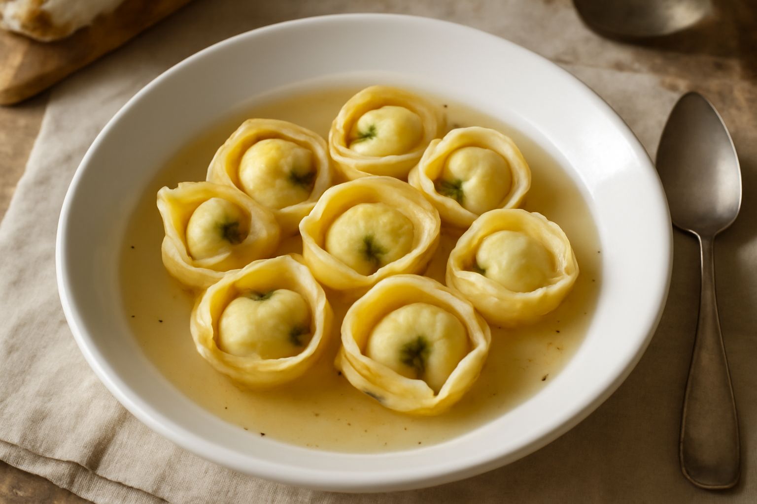 Cappelletti di verdura ripieni disposti in un piatto bianco con brodo vegetale leggero, guarniti con una fogliolina di prezzemolo fresco e scaglie di parmigiano grattugiato
