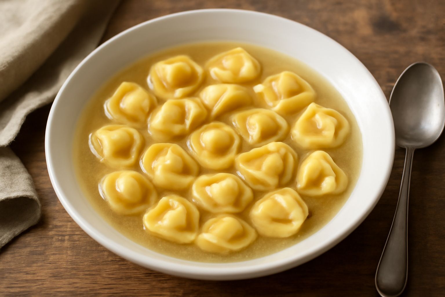 Tre cappelletti in brodo caldo, bianchi e gialli, galleggianti in un piatto fondo con brodo trasparente, guarniti con parmigiano grattugiato e prezzemolo fresco