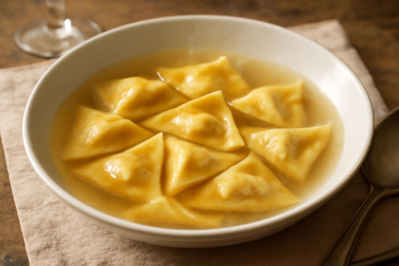 Cappelletti marchigiani di forma quadrata piegati in triangolo su un piatto bianco, caldi e fumanti in brodo trasparente, con qualche foglia di prezzemolo fresco