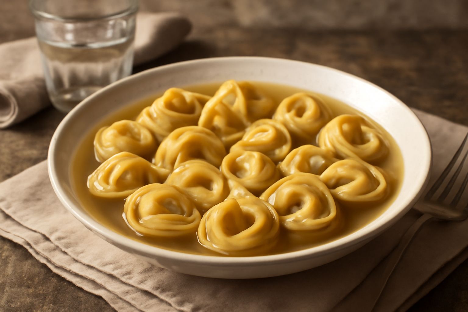 Cappelletti piemontesi dorati a forma di cappello ripieni, disposti in una ciotola di porcellana bianca, con brodo caldo, qualche foglia di prezzemolo fresco e parmigiano grattugiato sopra