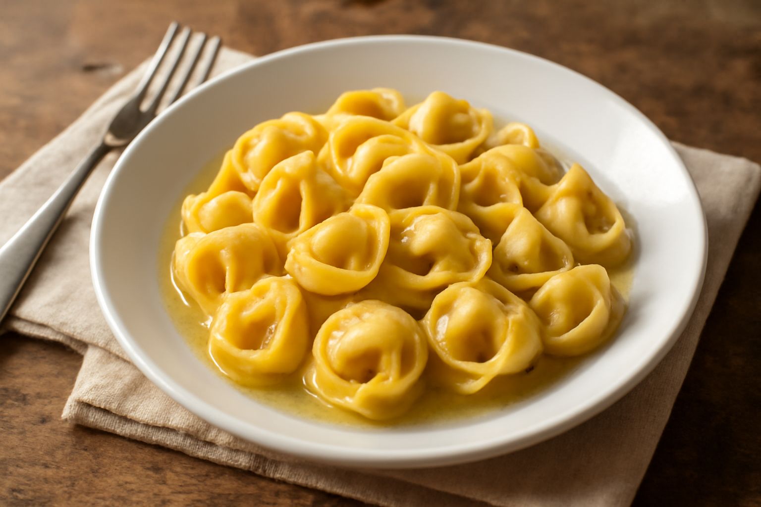 Cappelletti romagnoli dorati nel piatto, piegati a forma triangolare, conditi con burro fuso e parmigiano grattugiato, su una tavola di legno chiaro