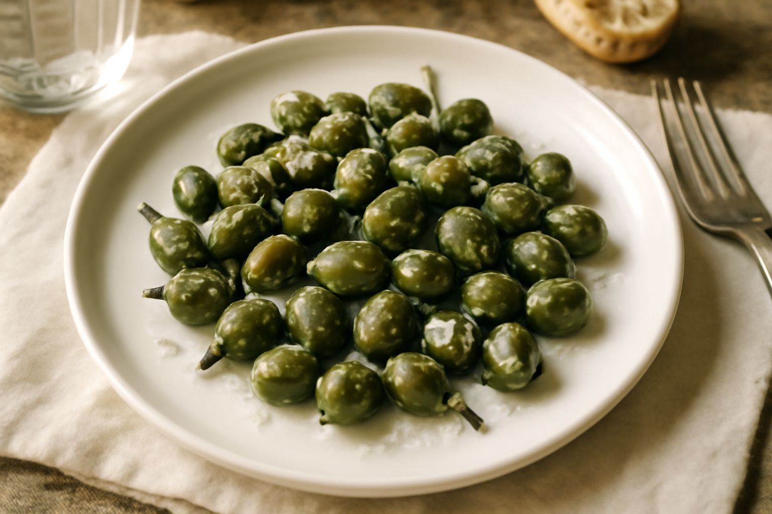 Capperi verdi scuri in salamoia su un piatto bianco, con gocce d'acqua fresca, accanto a un pezzo di limone tagliato a metà e erba cipollina verde