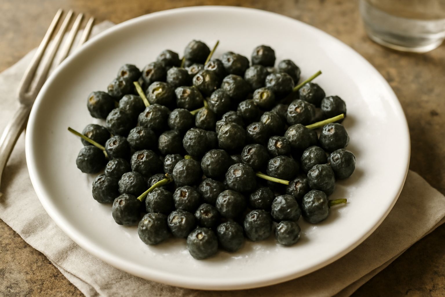 Capperi scuri e tondeggianti versati in una ciotola di ceramica bianca, alcuni bagnati di acqua fresca, con accanto un piccolo vasetto di vetro di capperi ancora sotto sale e una spugna da cucina