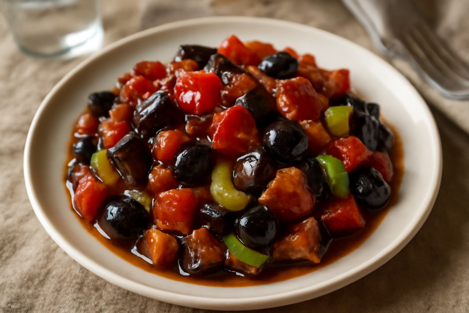 Capponata siciliana in piatto bianco: melanzane scure e morbide, pomodori rossi, olive nere e verdi, sedano croccante, il tutto lucido di olio d'oliva e vinaccia, con foglia di prezzemolo verde in cim
