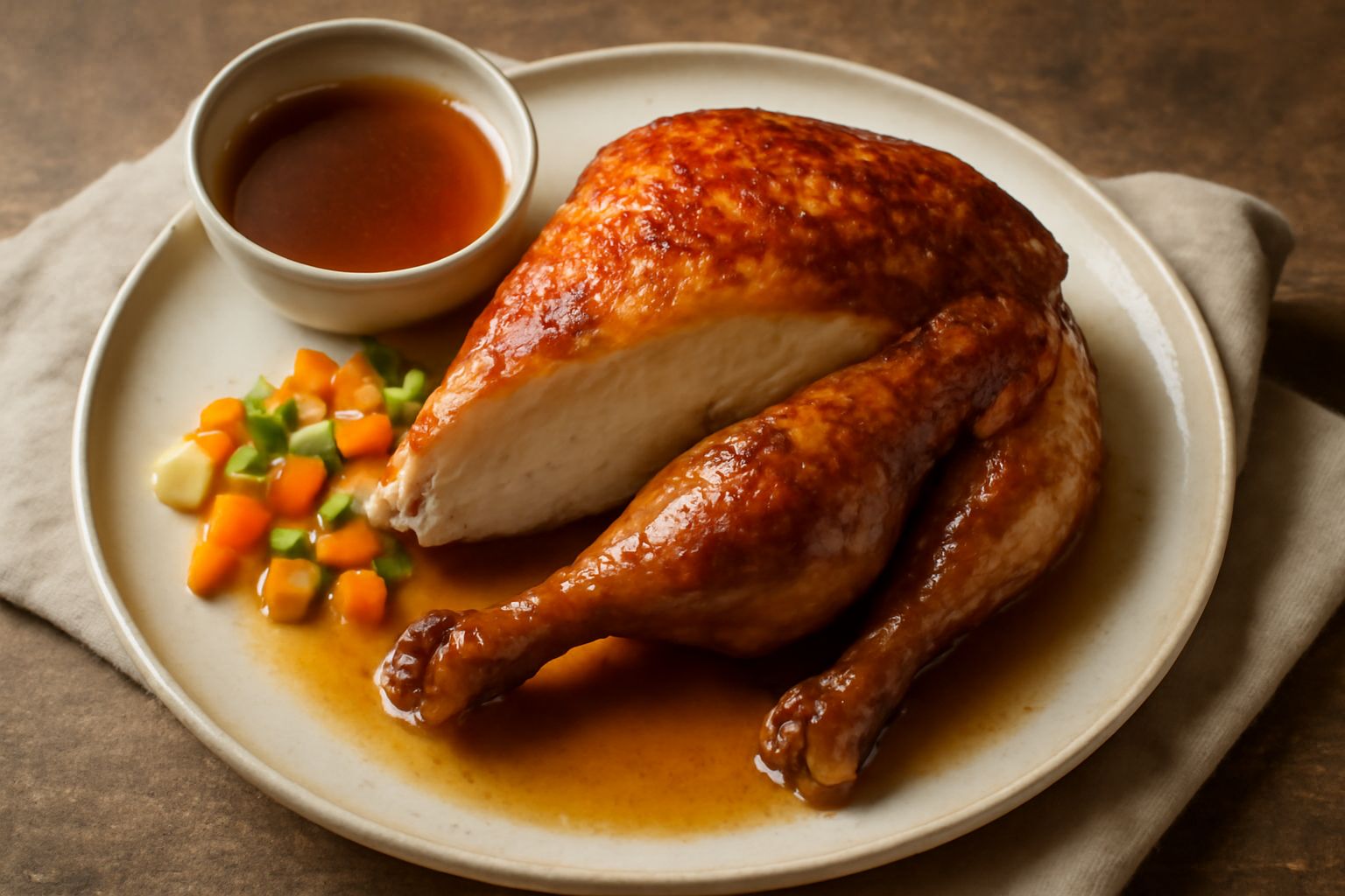 Cappone intero arrosto dorato al forno su un piatto bianco, contornato da brodo ambrato in una ciotola, con sedano e carota attorno, vapore visibile, pelle croccante e lucida
