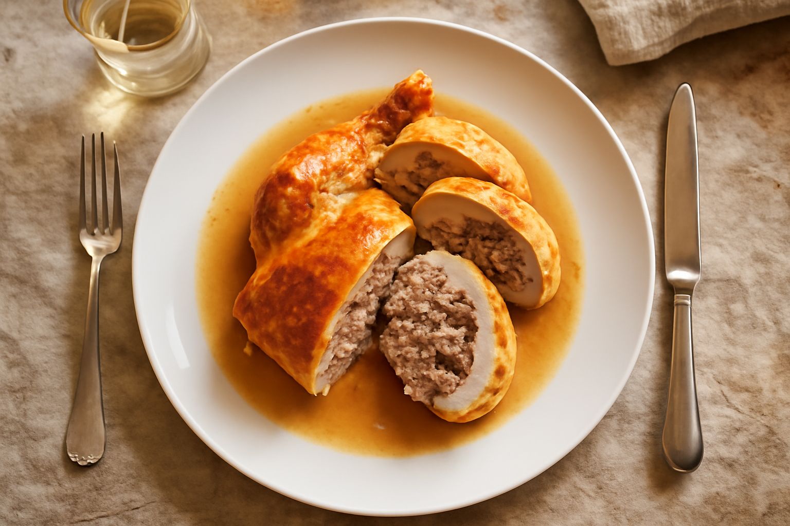 Cappone arrosto dorato e lucido in un piatto bianco, circondato da contorno di verdure gialle e marroni, fette di pane tostato ai lati, salsa marrone nel fondo