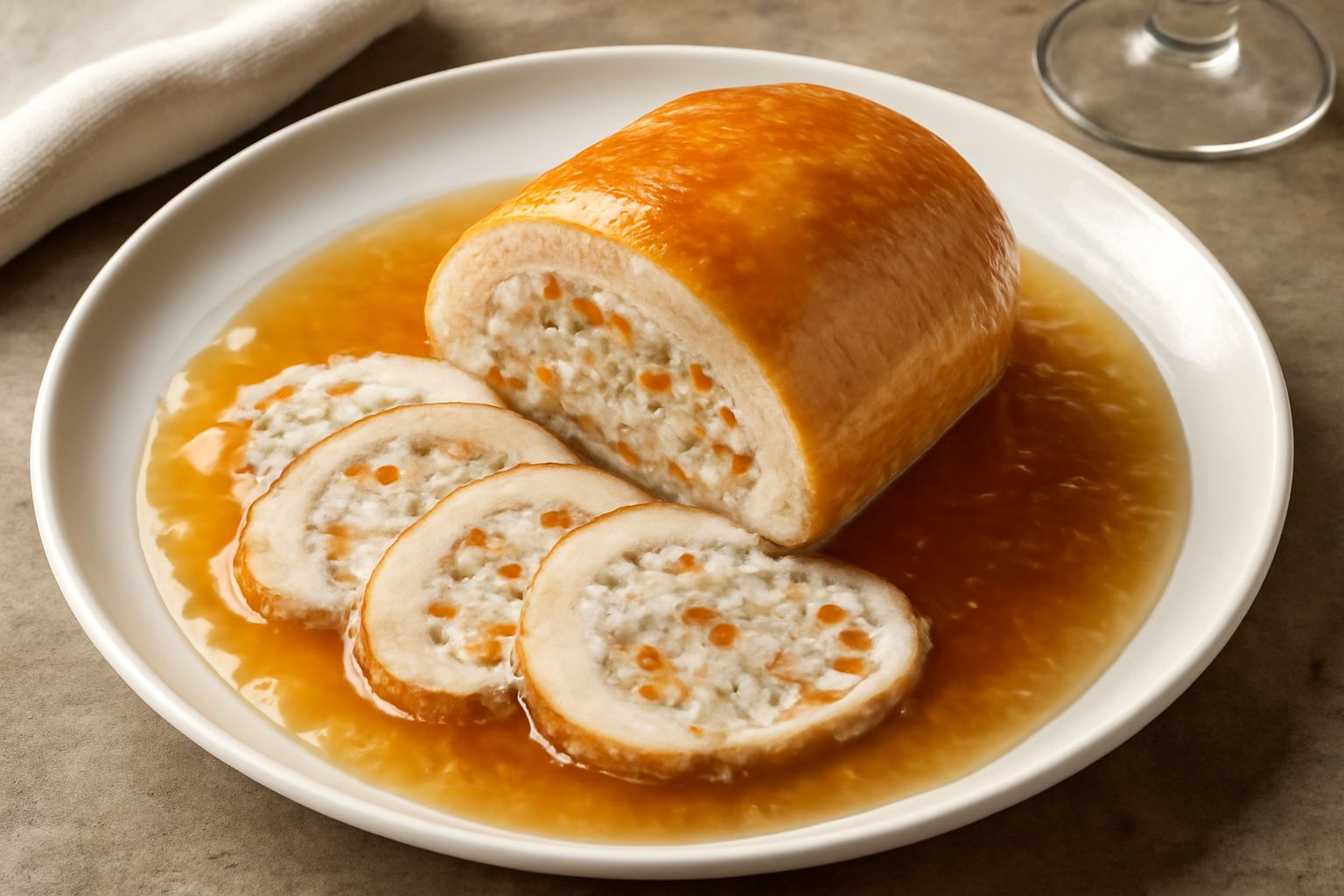 Cappone intero ripieno affettato su un piatto bianco, mostrando la farcia di carni bianche e verdure. Contorno di gelatina dorata trasparente e foglie di prezzemolo.