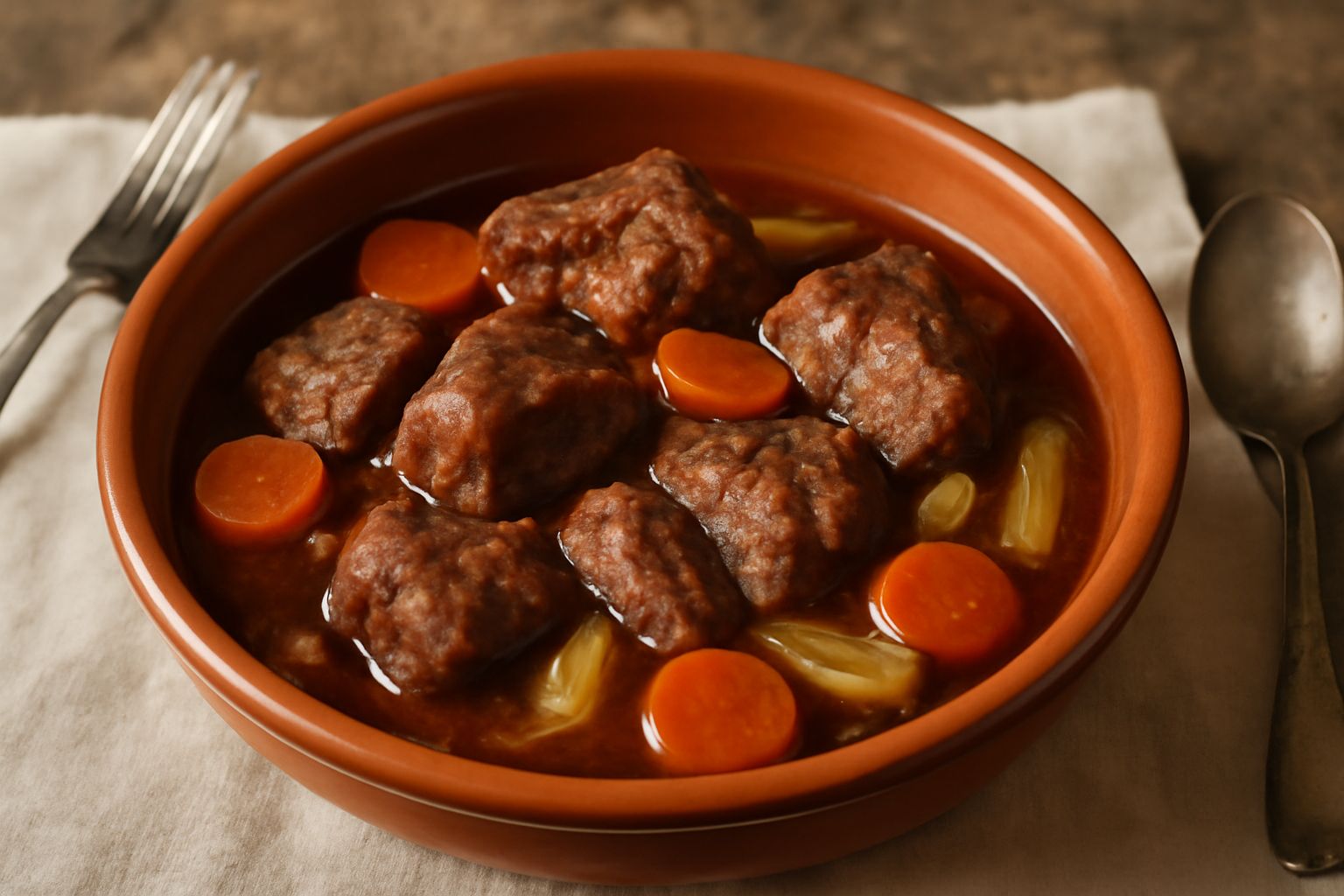 Pentola in terracotta con capra in umido: pezzi di carne bruno-dorata immersi in brodo scuro, carote tagliate a rondelle, sedano e cipolla visibili intorno, vapore leggero, guarnizione di prezzemolo f