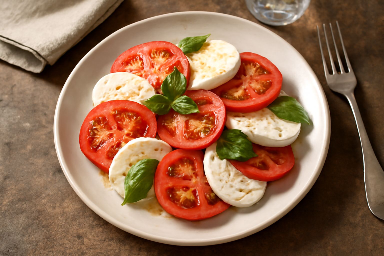 Insalata Caprese su piatto bianco: fette di pomodoro rosso, mozzarella bianca, foglie di basilico verde fresco, condita con olio d'oliva
