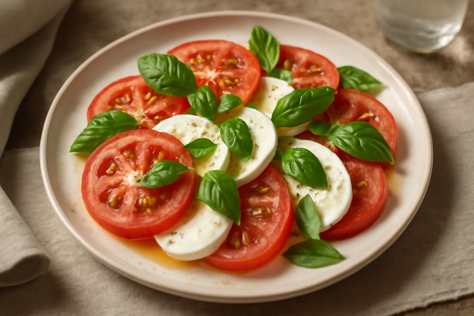 Piatto bianco con fette di pomodoro rosso vivo alternate a mozzarella bianca cremosa, guarnito con foglie di basilico verde e gocce di olio dorato, condito con sale marino grosso