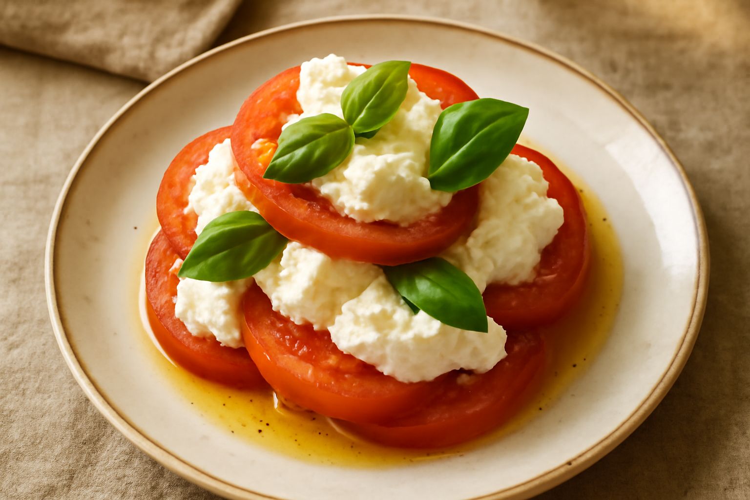 Piatto bianco con fette di pomodoro rosso maturo alternate a cucchiaiate di ricotta bianca cremosa, condite con basilico verde, olio d'oliva e granelli di sale marino, contorno di pomodori piccoli fre