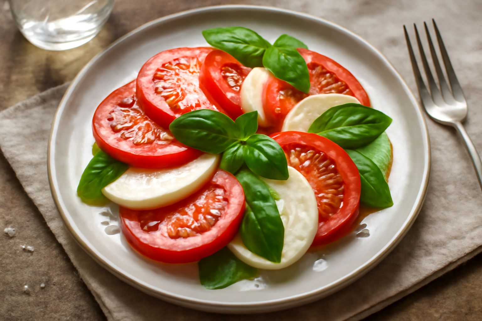 Caprese mantovana su piatto bianco: fette di pomodoro rosso vivo alternate a mozzarella di bufala bianca, foglie di basilico verde scuro e gocce di olio d'oliva lucido, con granelli di sale grosso vis