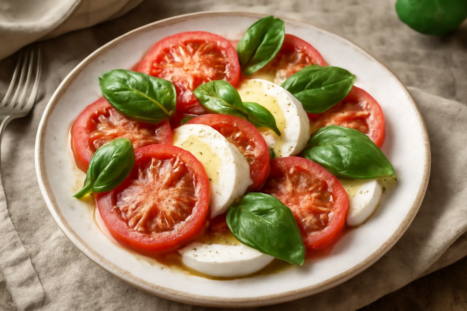 Piatto bianco con fette di pomodoro rosso vivo alternate a mozzarella bianca cremosa, guarnito con foglie di basilico fresco e un filo di olio verde scuro, con un contorno di olive nere