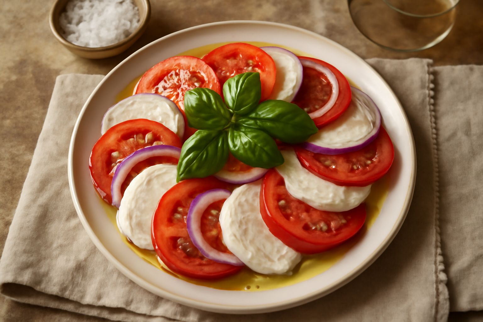 Piatto bianco con fette di pomodoro rosso e mozzarella bianca alternate, cipolla rossa tagliata sottile, basilico verde fresco, condite con olio dorato e sale grosso
