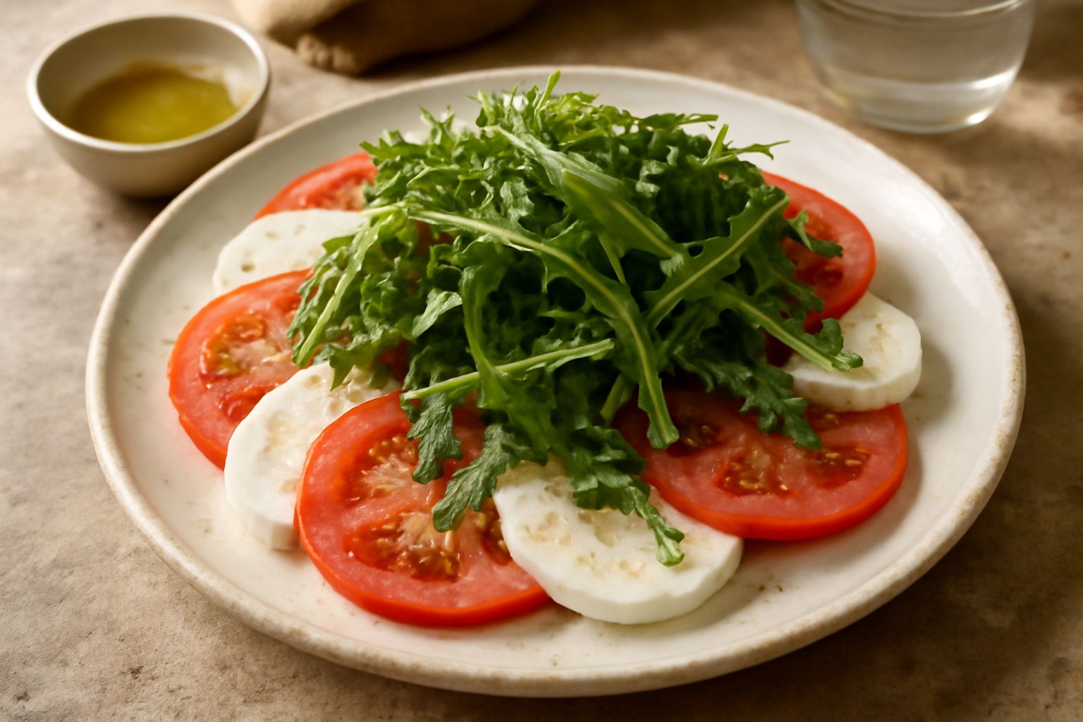 Piatto bianco con fette di pomodoro maturo, mozzarella fresca bianca, foglie di rucola verde intenso, olio d'oliva che scende, grani di sale grigio e pepe nero macinato