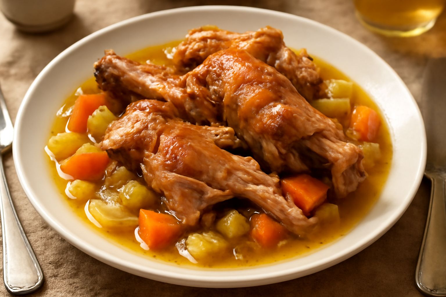 Capretto stufato in umido in una zuppiera di ceramica bianca, pezzi di carne tenera e succosa con verdure morbide, brodo leggermente ridotto, guarnito con prezzemolo fresco.