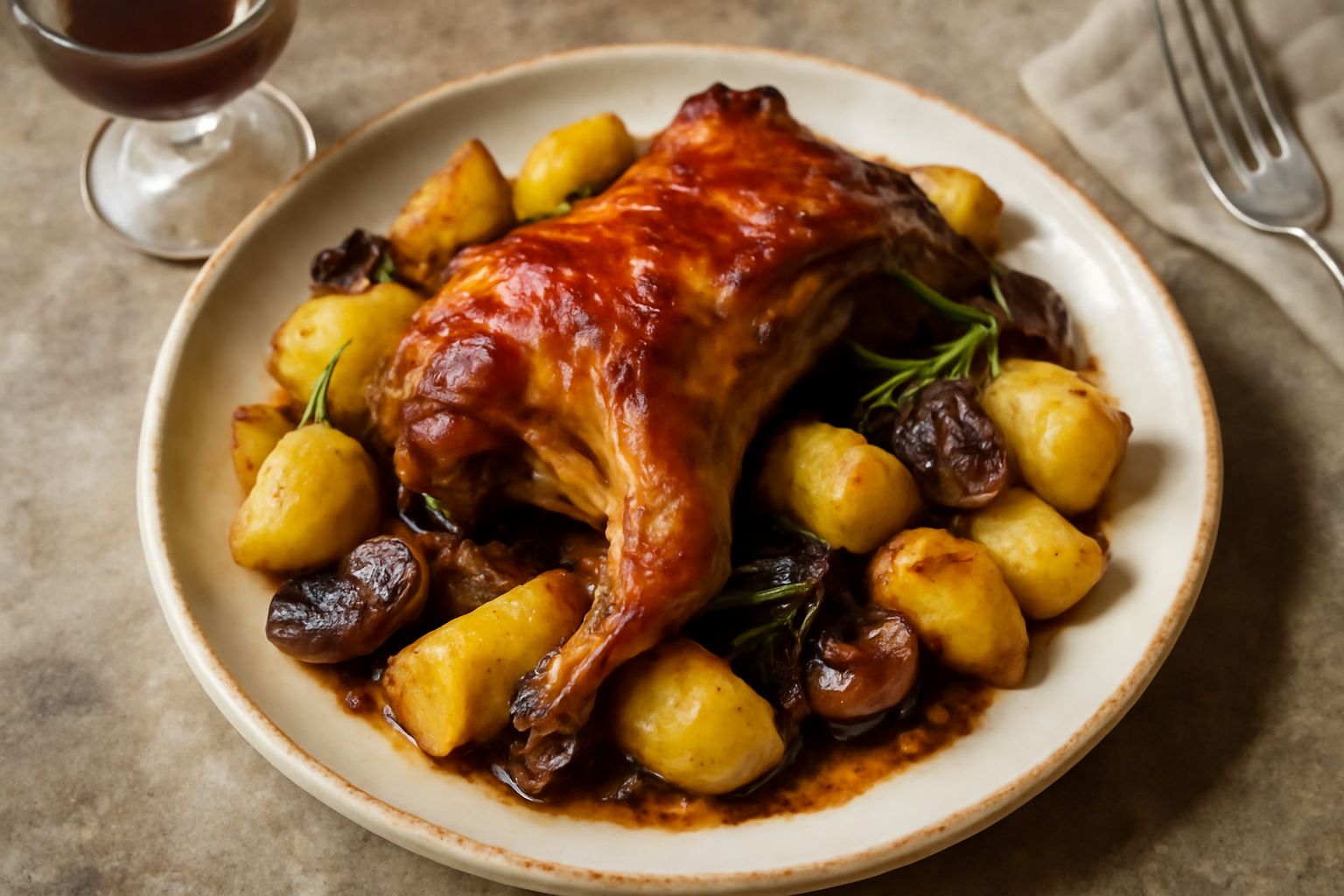 Capretto cotto al forno in una teglia di terracotta, con patate gialle, cipolla dorata e rametti di rosmarino, fondo di sugo marrone scuro, servito in piatto bianco con contorno di aromi freschi