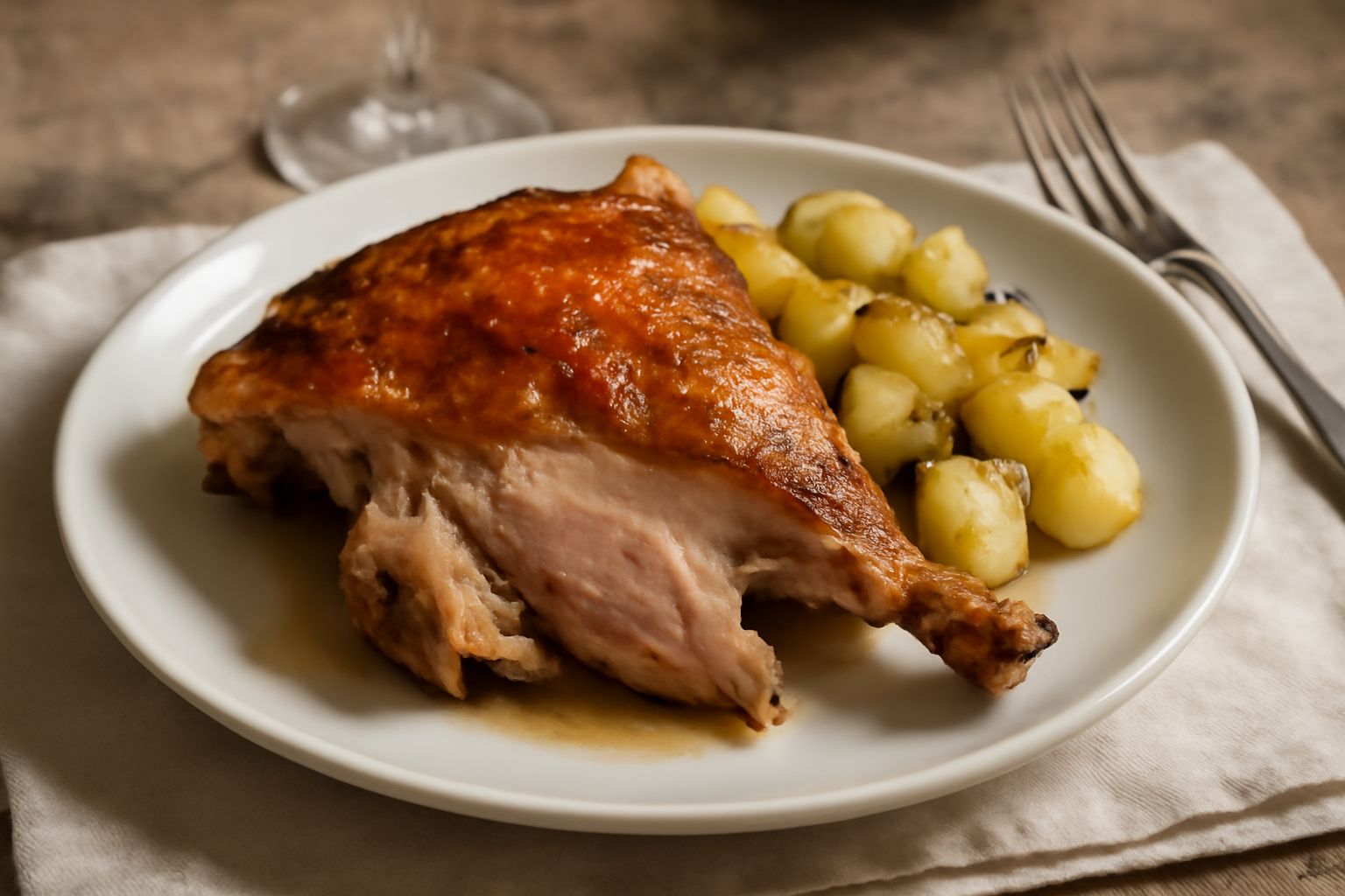 Capretto arrostito dorato disteso su un piatto bianco con contorno di patate e carote arrostite, rametti di rosmarino fresco adagiati sopra la carne, colore marrone scuro uniforme