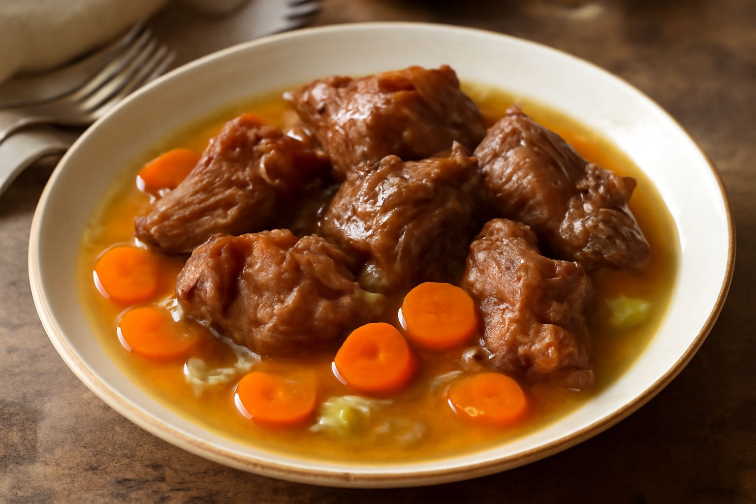 Capretto in umido servito in piatto bianco fondo, carne rosso-marrone tenera immersza in brodo chiaro con carote arancioni tagliate a pezzi, cipolle dorate e sedano, guarnito con prezzemolo fresco