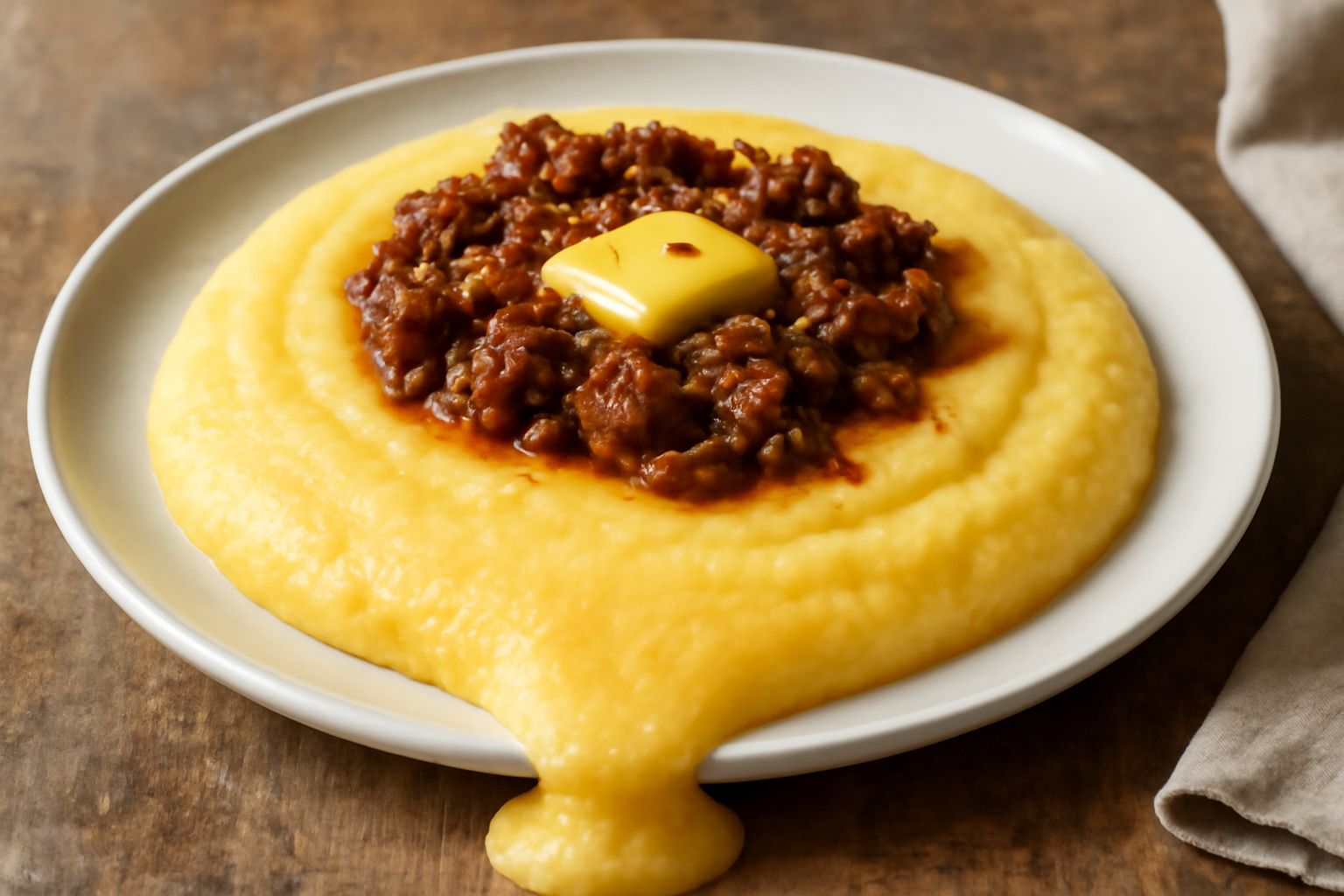 Polenta cremosa giallo oro in piatto bianco, servita con ragù di carne scura e filo di olio in superficie, contorno di verdure verdi