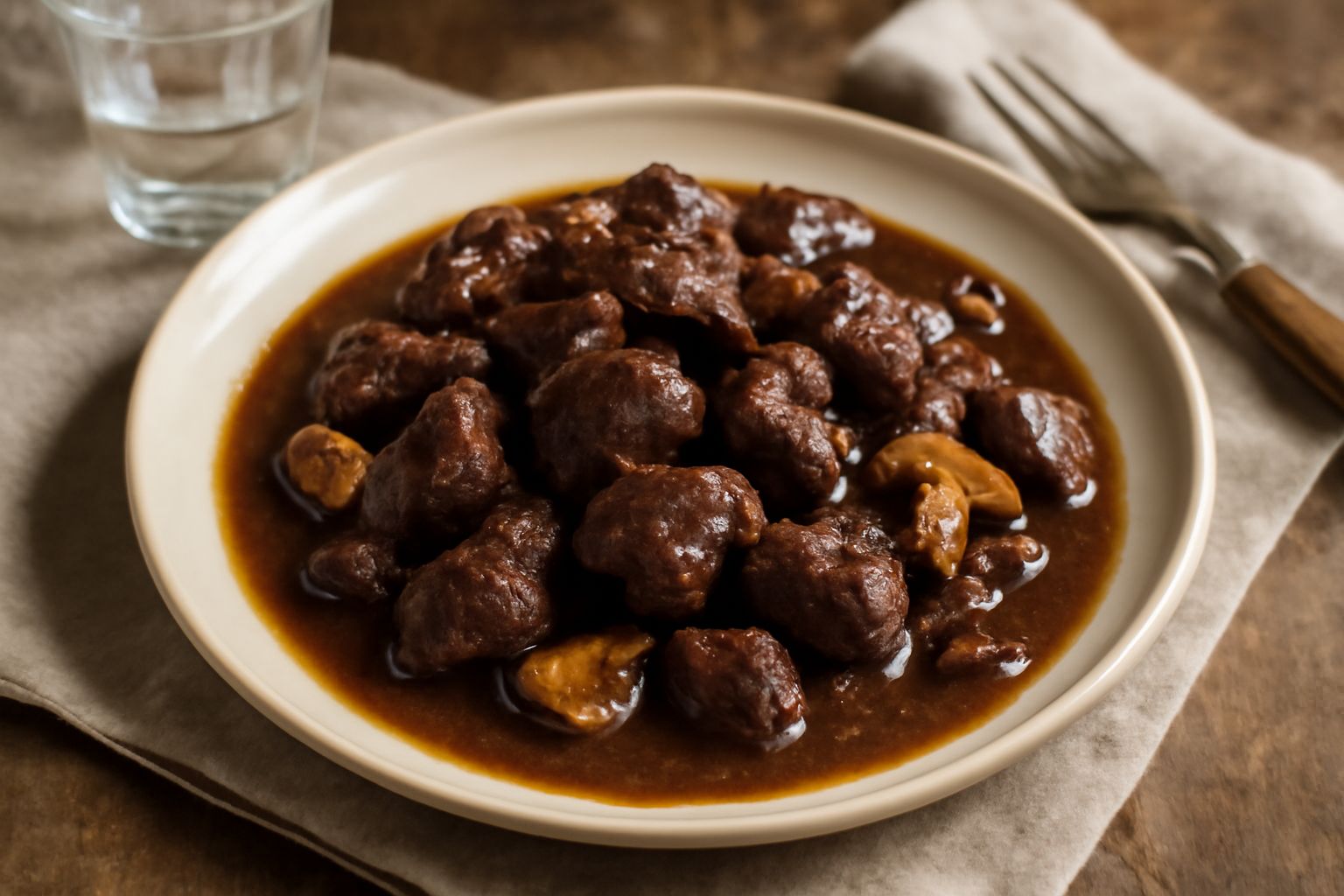 Piatto di capriolo ai funghi servito in una ciotola di ceramica bianca, con pezzi di carne scura e funghi porcini rossicci in un sugo denso color marrone scuro, guarnito con prezzemolo fresco tritato,