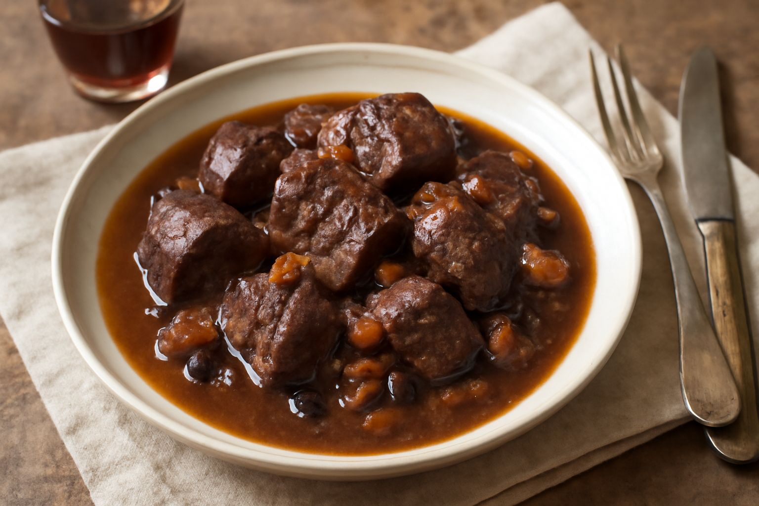 Fette di capriolo cotto in umido su piatto bianco, circondate da salsa scura di vino, con cipolla, carota e rosmarino visibili, vapore tiepido che sale dalla pietanza