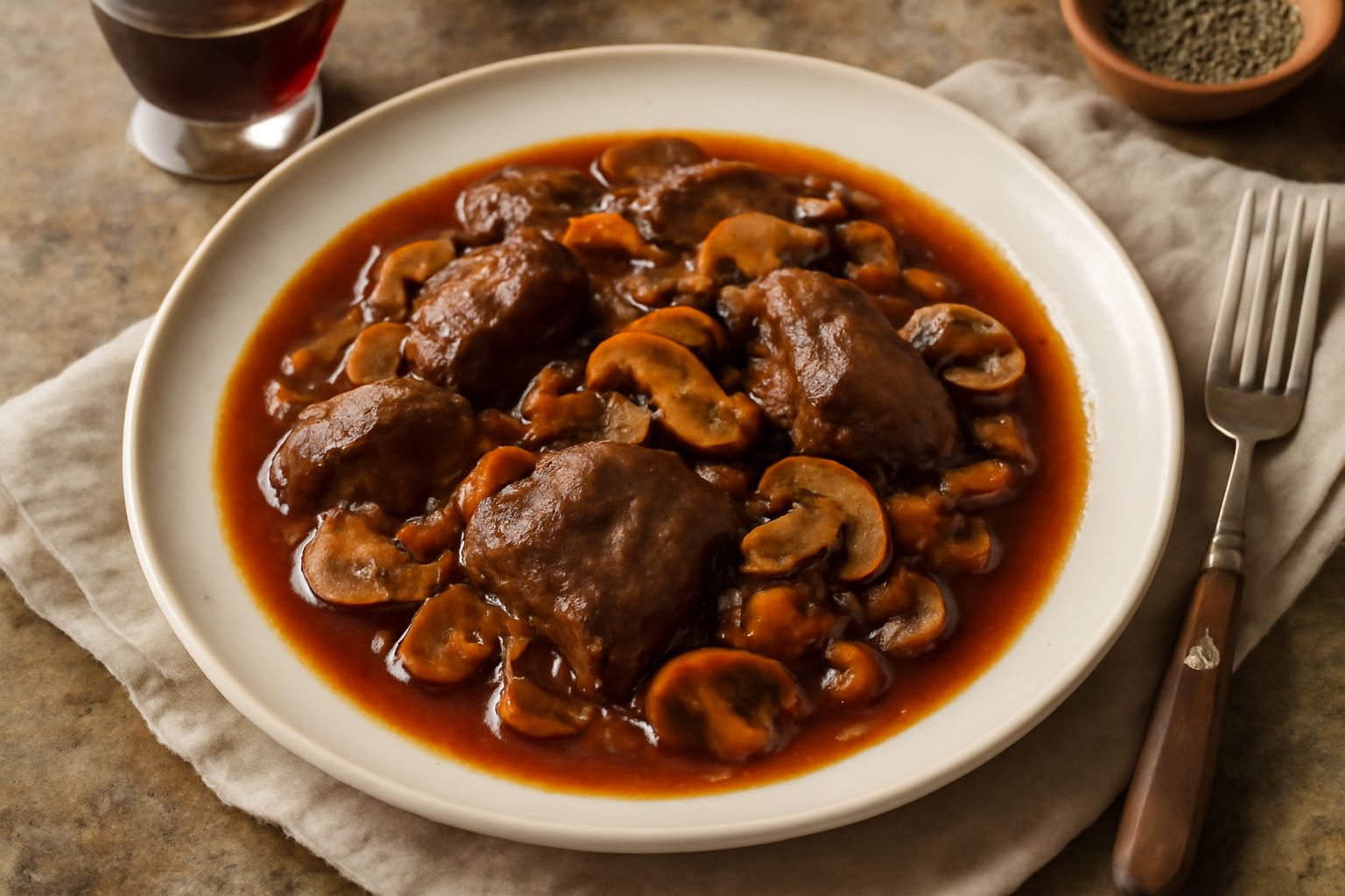 Capriolo alla cacciatora in un piatto fondo di ceramica bianca, con pezzi di carne scura immersi in sugo rosso intenso con funghi marrone, verdure appassite e cipolla caramellata, guarnito con prezzem