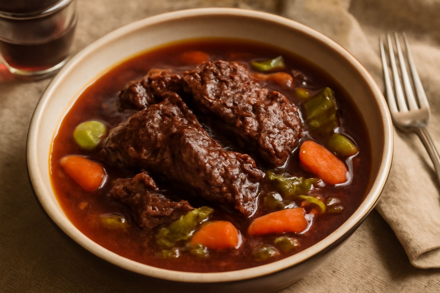 Piatto di capriolo in salmì: pezzi di carne scura e tenera immersi in sugo di vino rosso scuro, con carote e sedano visibili, servito in ciotola di ceramica bianca su tavolo di legno