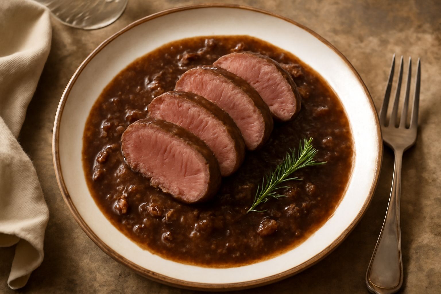 Capriolo in salsa servito in un piatto bianco, carne rosata e morbida circondata da salsa marrone scura con verdure cotte, guarnito con rametti di rosmarino fresco
