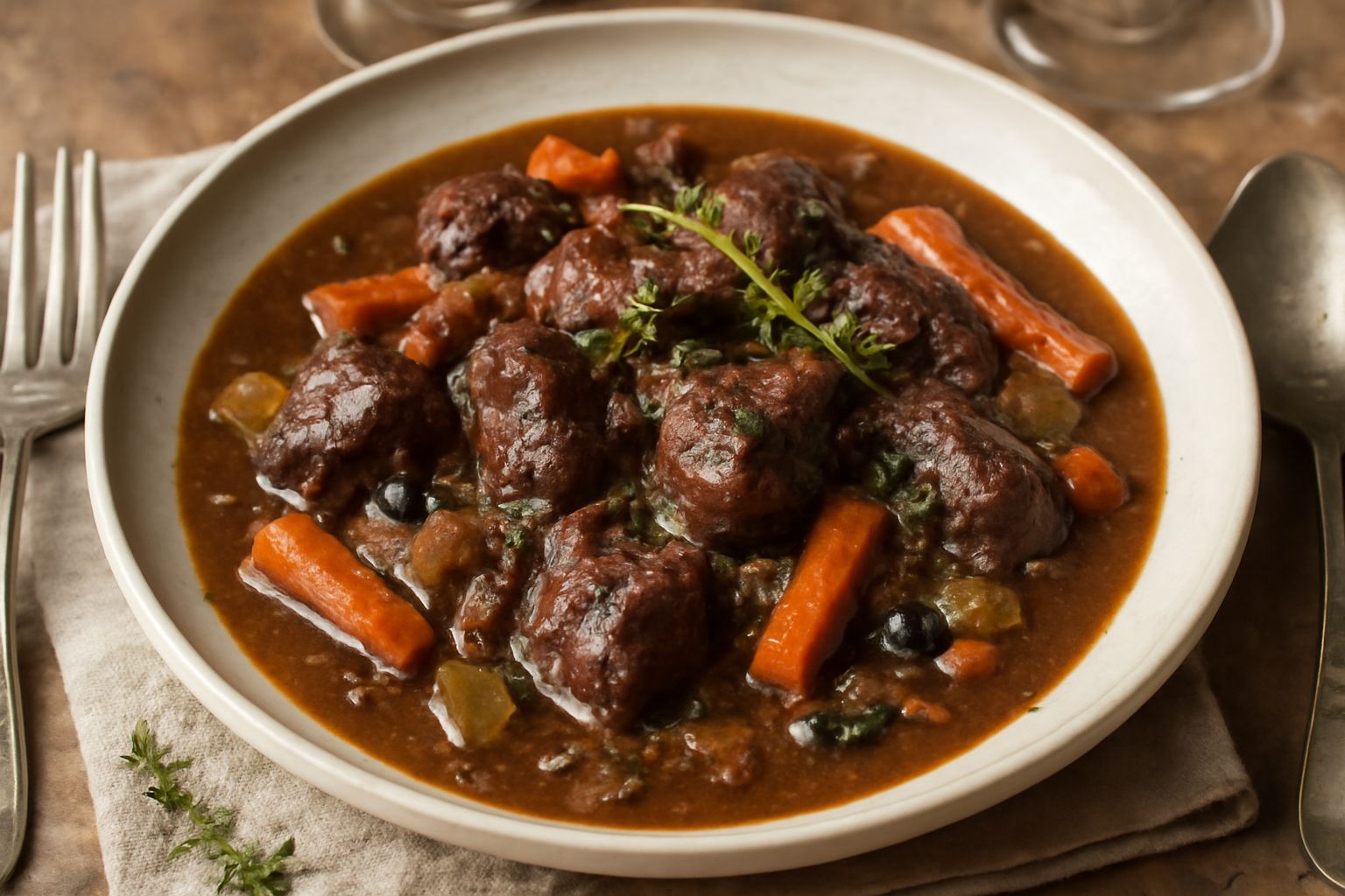 Piatto di ceramica bianca con capriolo in umido: pezzi di carne scuri e morbidi in sugo marrone intenso, contornati da carote tagliate a bastoncini, sedano morbido e cipolla, con erbe aromatiche in su