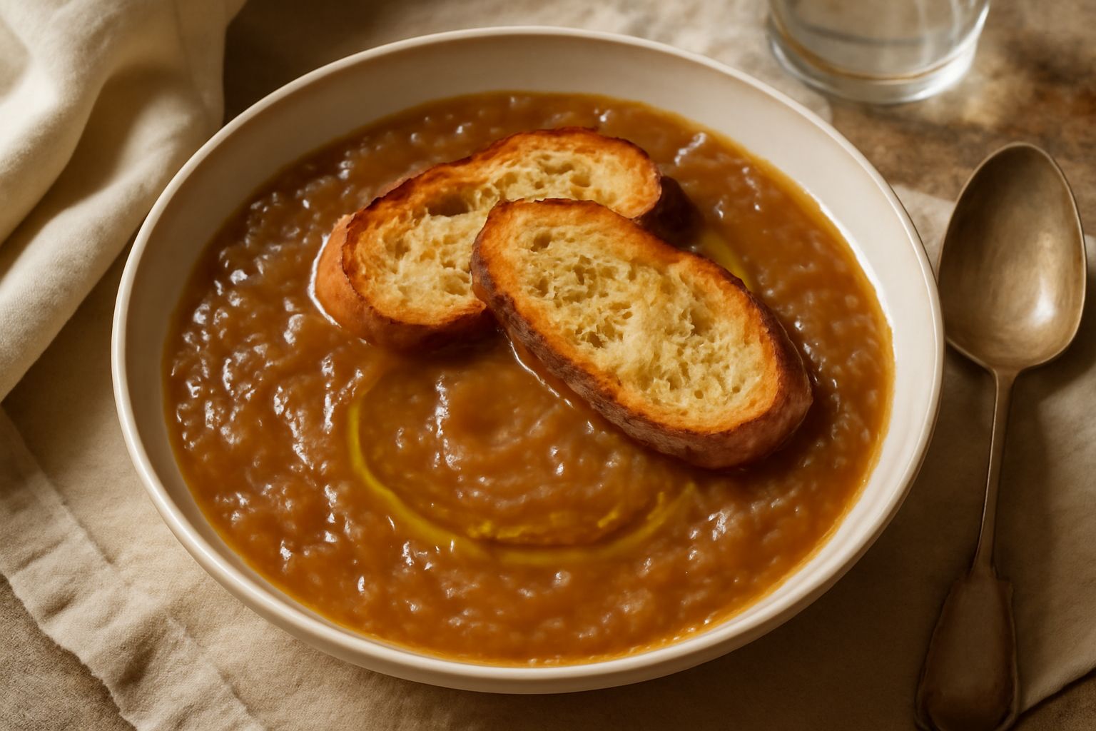 Carabaccia in ciotola bianca: zuppa di cipolle bionde caramellate, brodo trasparente, fette di pane tostato galleggianti, olio d'oliva in superficie, vapore che sale dal piatto