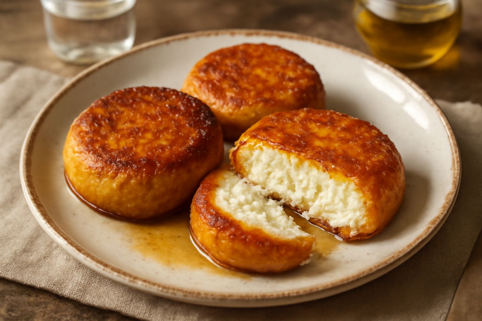 Tre carabassas ripiene dorate e croccanti su un piatto bianco, tagliate a metà per mostrare il ripieno di ricotta bianca e strisce di miele, cosparse di zucchero a velo
