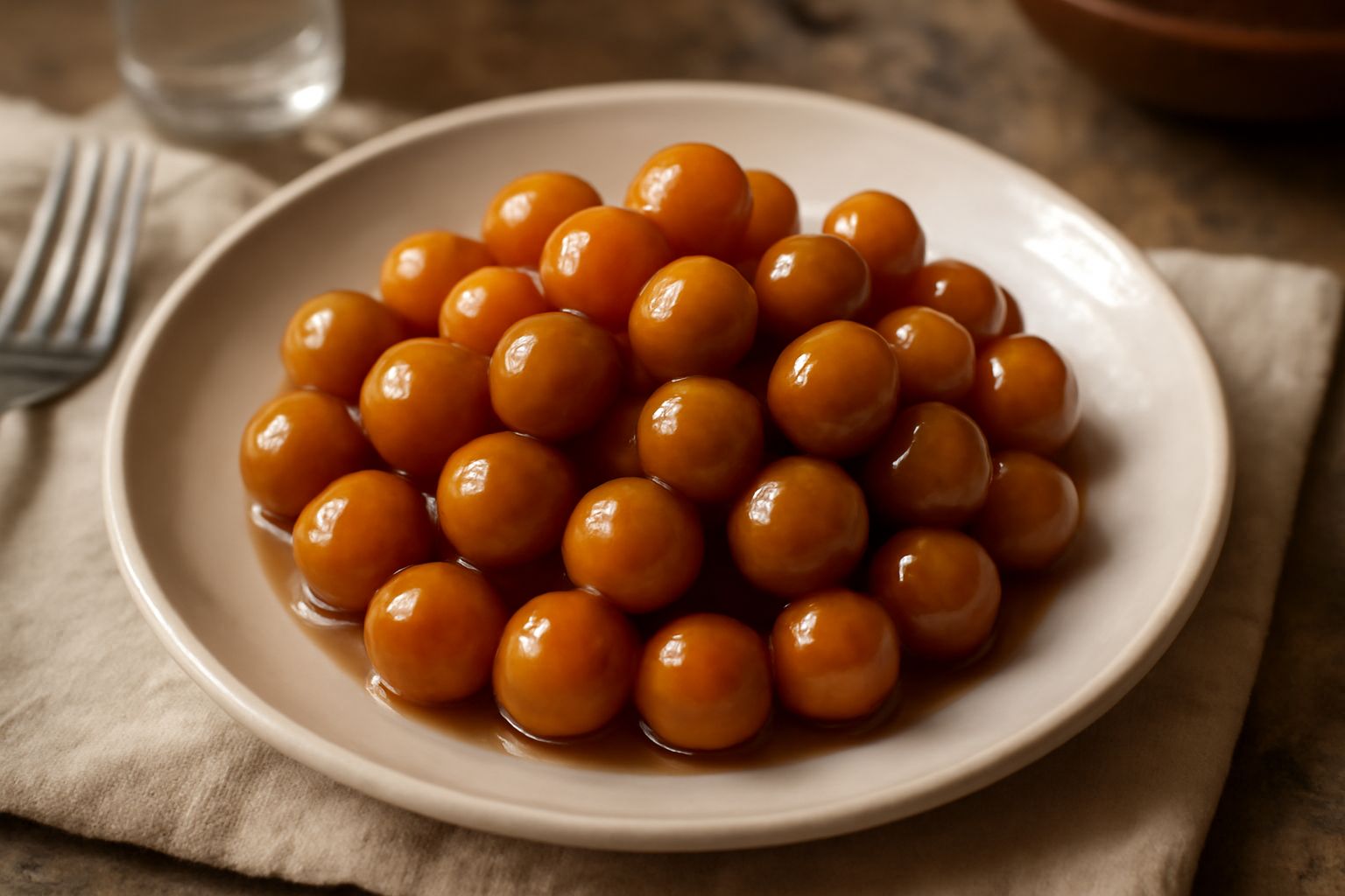 Carameddas dorate e croccanti su un piatto bianco, ricoperte di miele caldo che cola lentamente, contornate da mandorle in frammenti e fiori di garofano