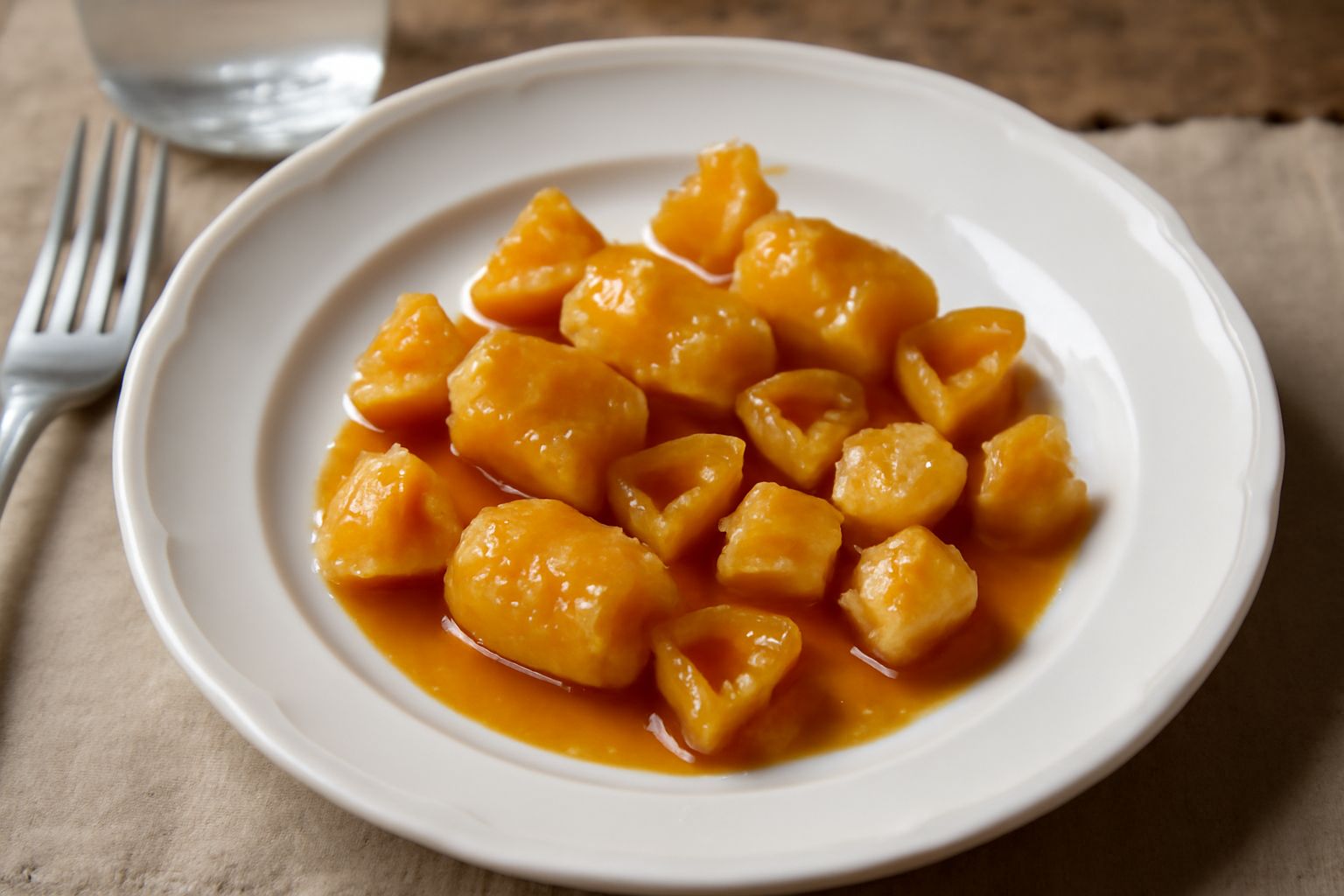 Caramelle di pane dure e translucide di colore ambrato, accatastate su un piatto bianco, con riflessi lucidi e superficie levigata