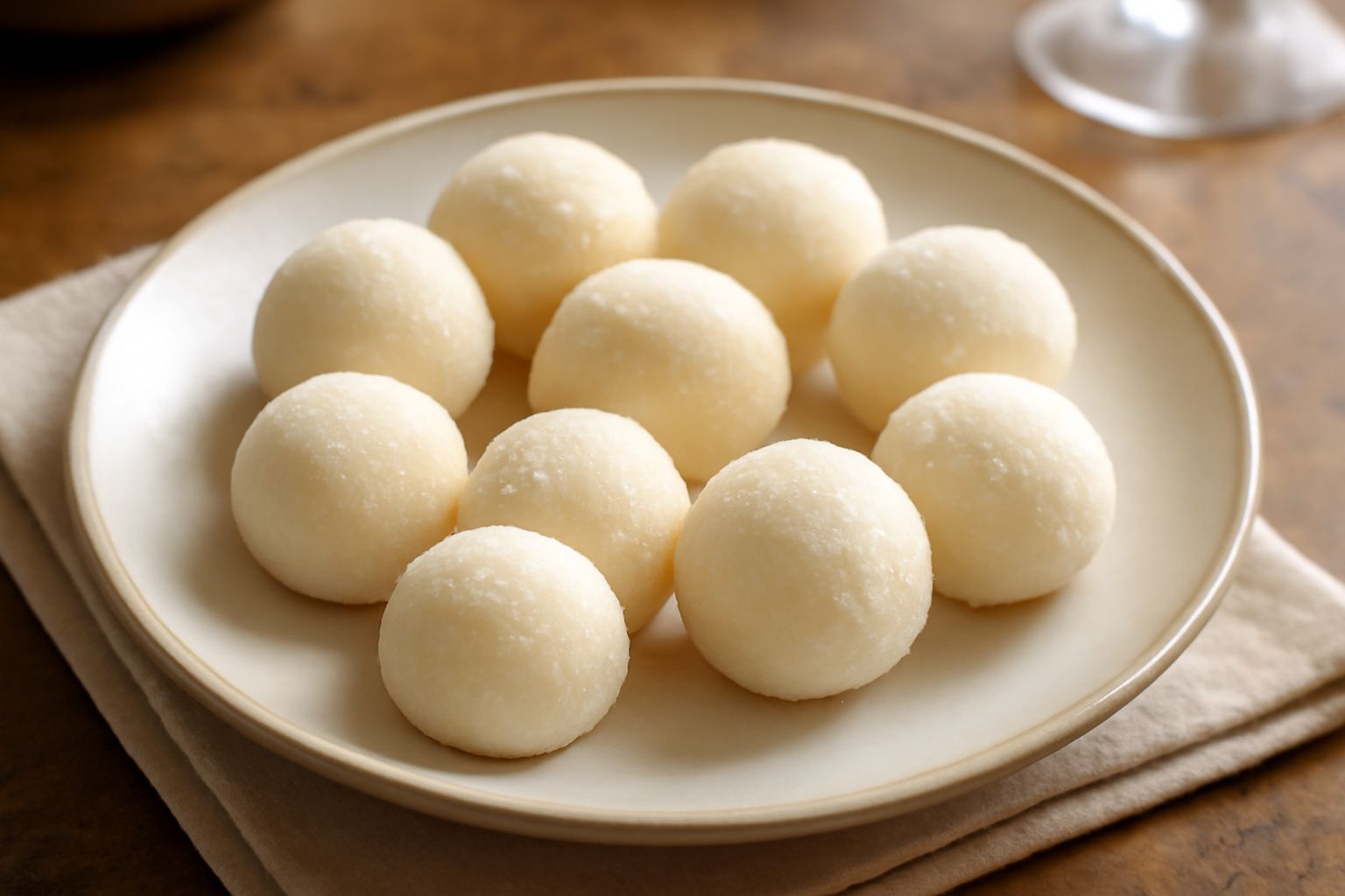 Caramelle abruzzesi di ricotta tonde e morbide rivestite di granella di zucchero, disposte su un piatto bianco con sfondo di tela di lino naturale