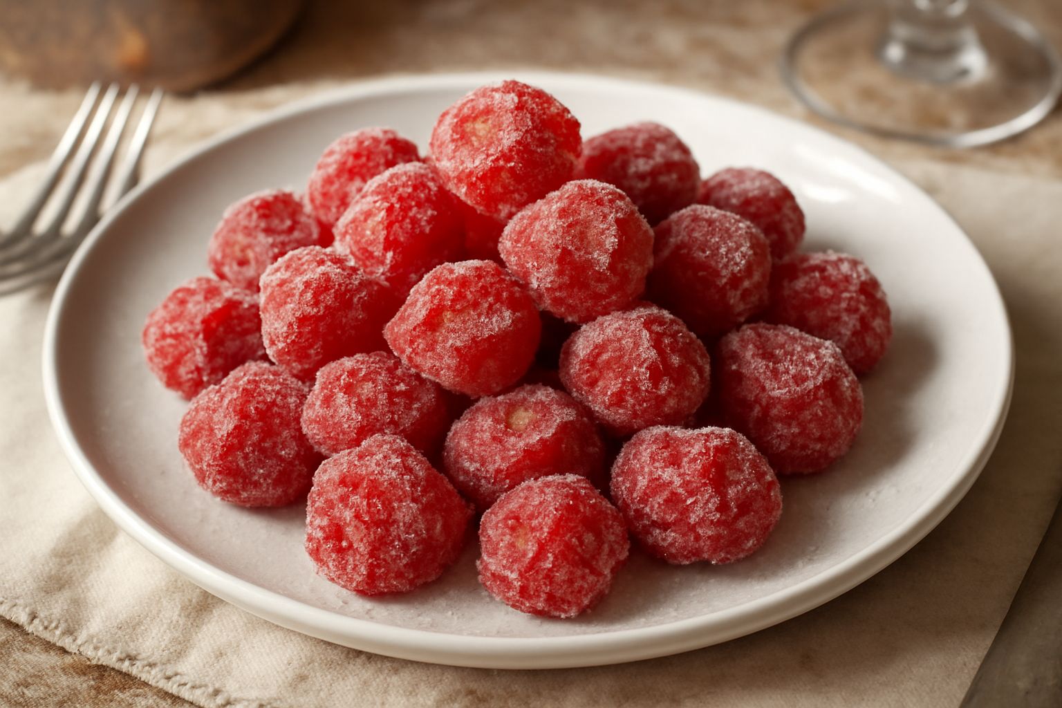 Caramelle di anguria rosa e rosse, sfaccettate e ricoperte di zucchero cristallizzato, disposte su un piatto bianco. Alcune tagliate a metà mostrano l'interno translucido rosso acceso, altre intere co