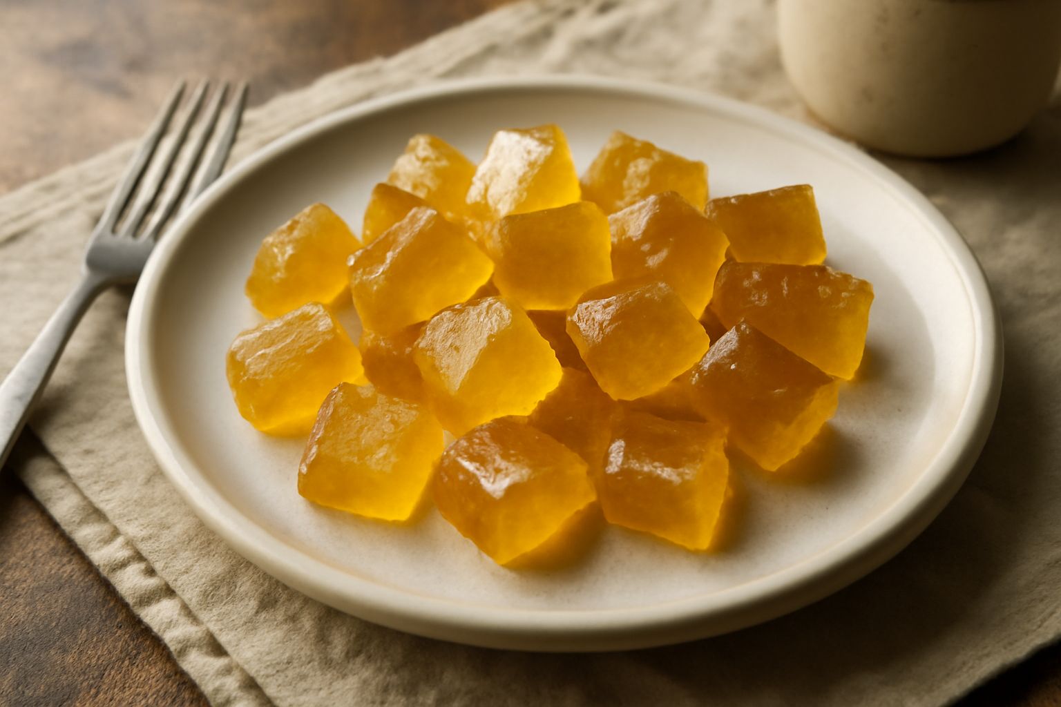 Caramelle di bergamotta trasparenti e dorate, dal colore ambrato, riposte su un piatto bianco con sfondo sfocato grigio e carta pergamena