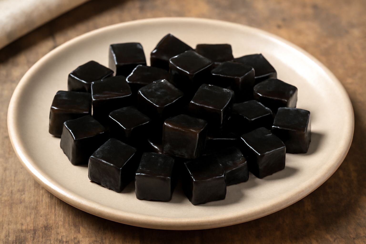Caramelle di liquirizia nera e lucida, cubiche e rettangolari, infilate su bastoncini di legno e coperte di zucchero cristallizzato, disposte su carta pergamena