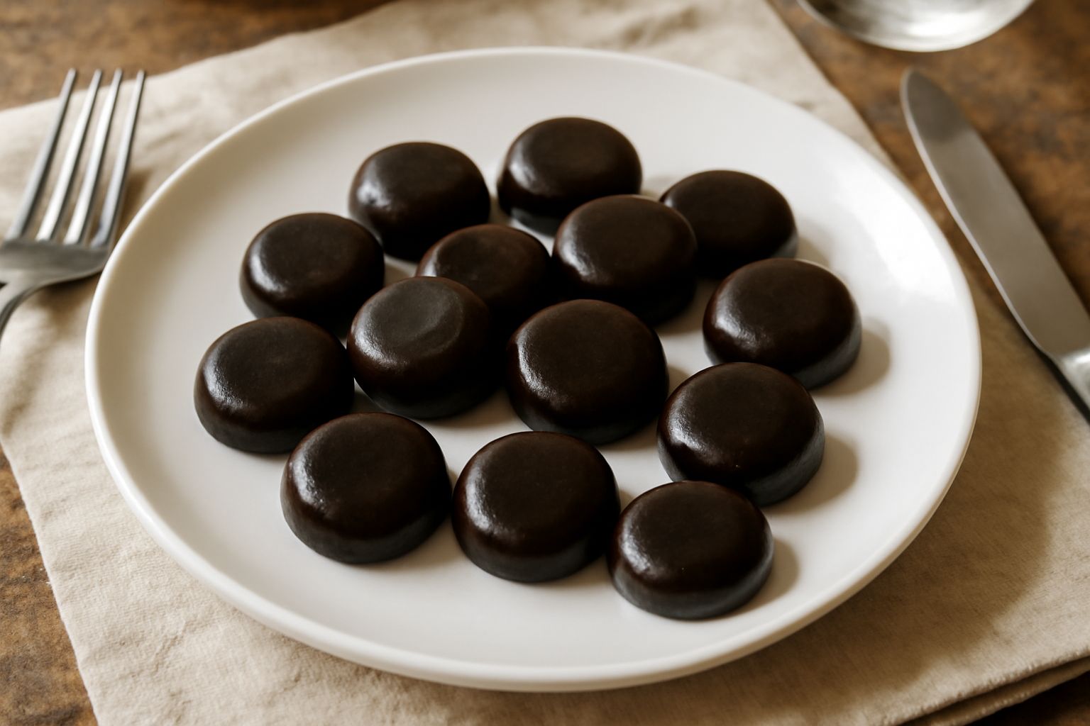 Caramelle scure e lucide di liquirizia aquilana, di forma tonda e leggermente appiattita, disposte su un piatto bianco di ceramica. La superficie è liscia e lucida, il colore è marrone molto scuro qua