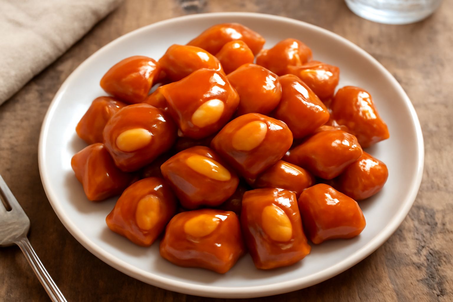 Caramelle di mandorla dorate e croccanti disposte su carta forno bianca, ogni caramella mostra una mandorla intera rivestita di caramello lucido color ambra
