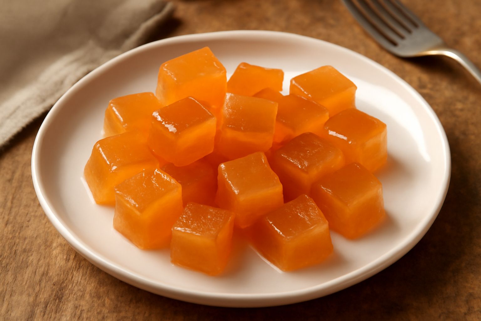 Caramelle di melone trasparenti color arancio pesca, di forma cubica, disposte su una carta da forno bianca con sfondo di fette di melone fresco e foglie verdi