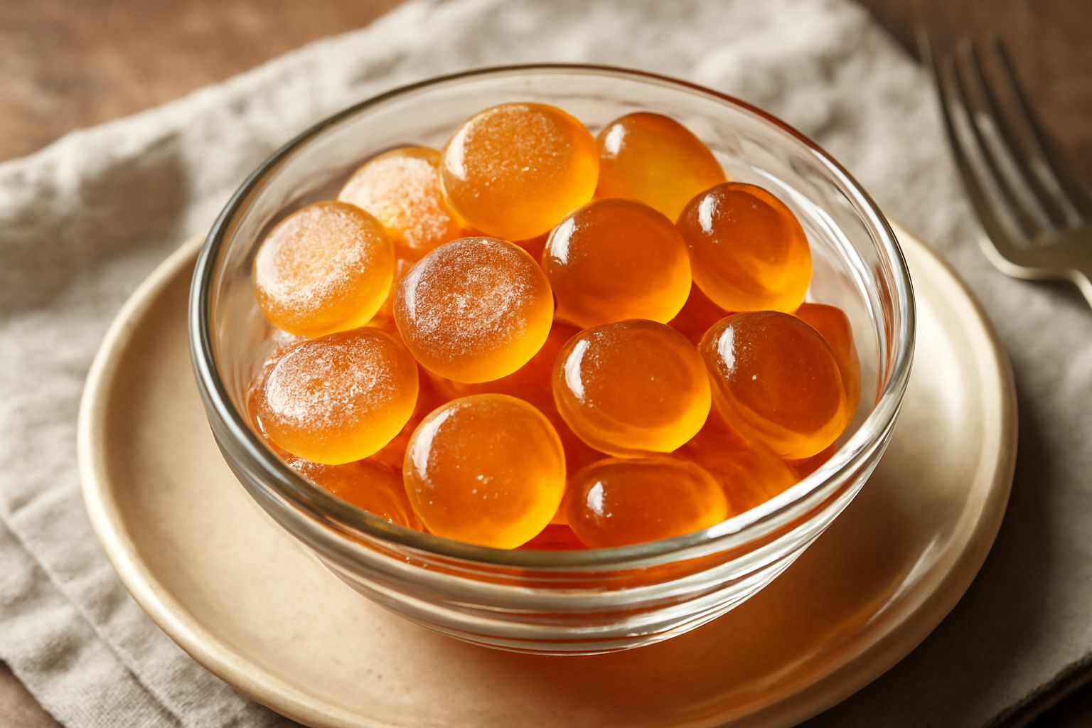 Caramelle di miele di forma arrotondata e appiattita, colore ambrato trasparente, impilate in una ciotola di vetro con riflessi dorati alla luce.
