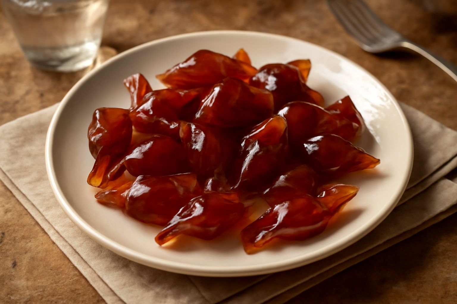 Caramelle di mosto trasparenti e lucide, di colore ambrato scuro, disposte su carta pergamena. Alcune ancora calde e brillanti, altre già solide e riflettenti. Sfondo di tavolo di legno scuro.