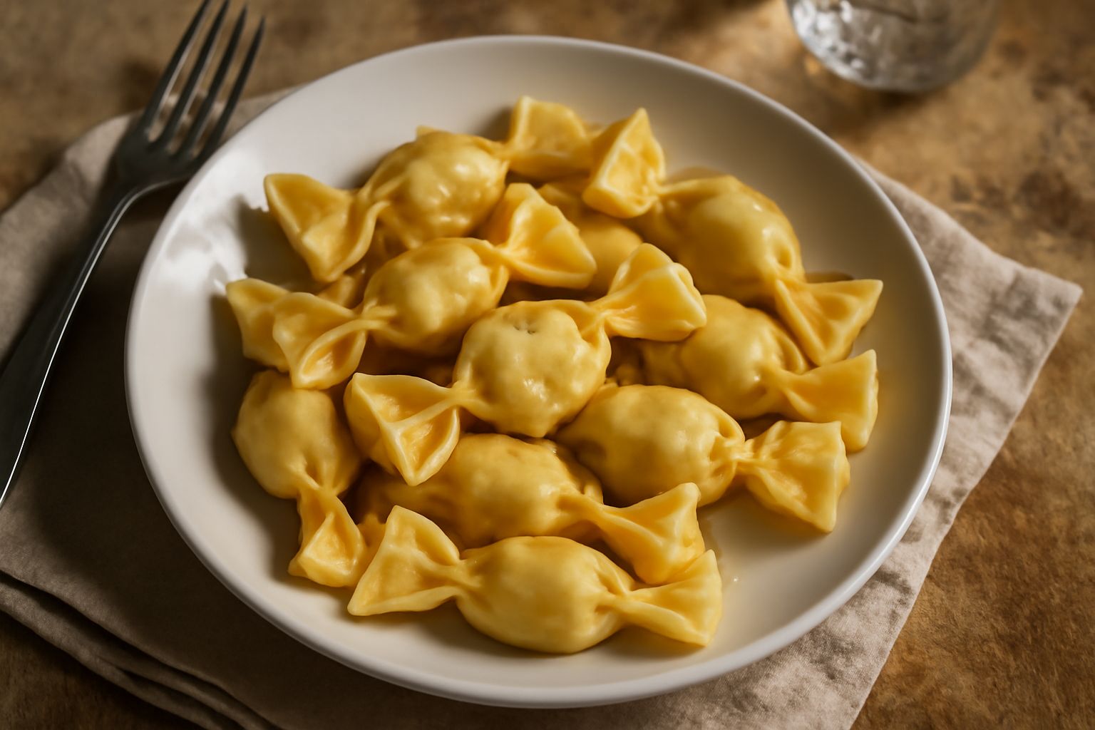 Caramelle di pasta fresca dorate e lucide su un piatto bianco, ripiegate alle estremità con sfoglia leggermente ondulata, coperte di burro fuso e parmigiano