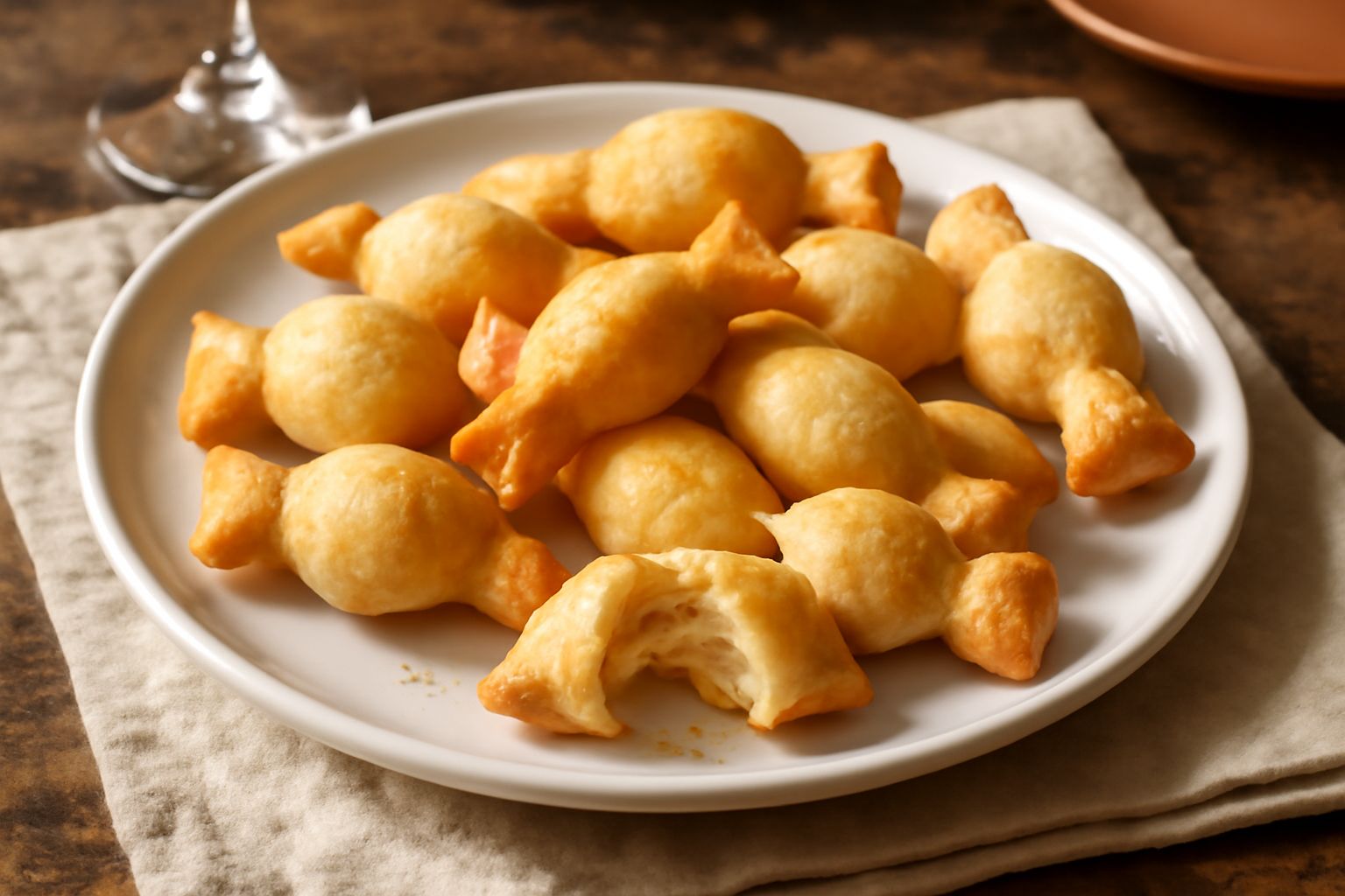Caramelle di pasta frolla di forma ovale e irregolare, color oro lucido, disposte su piatto bianco, alcune rotte per mostrare la friabilità interna. Sfondo naturale chiaro