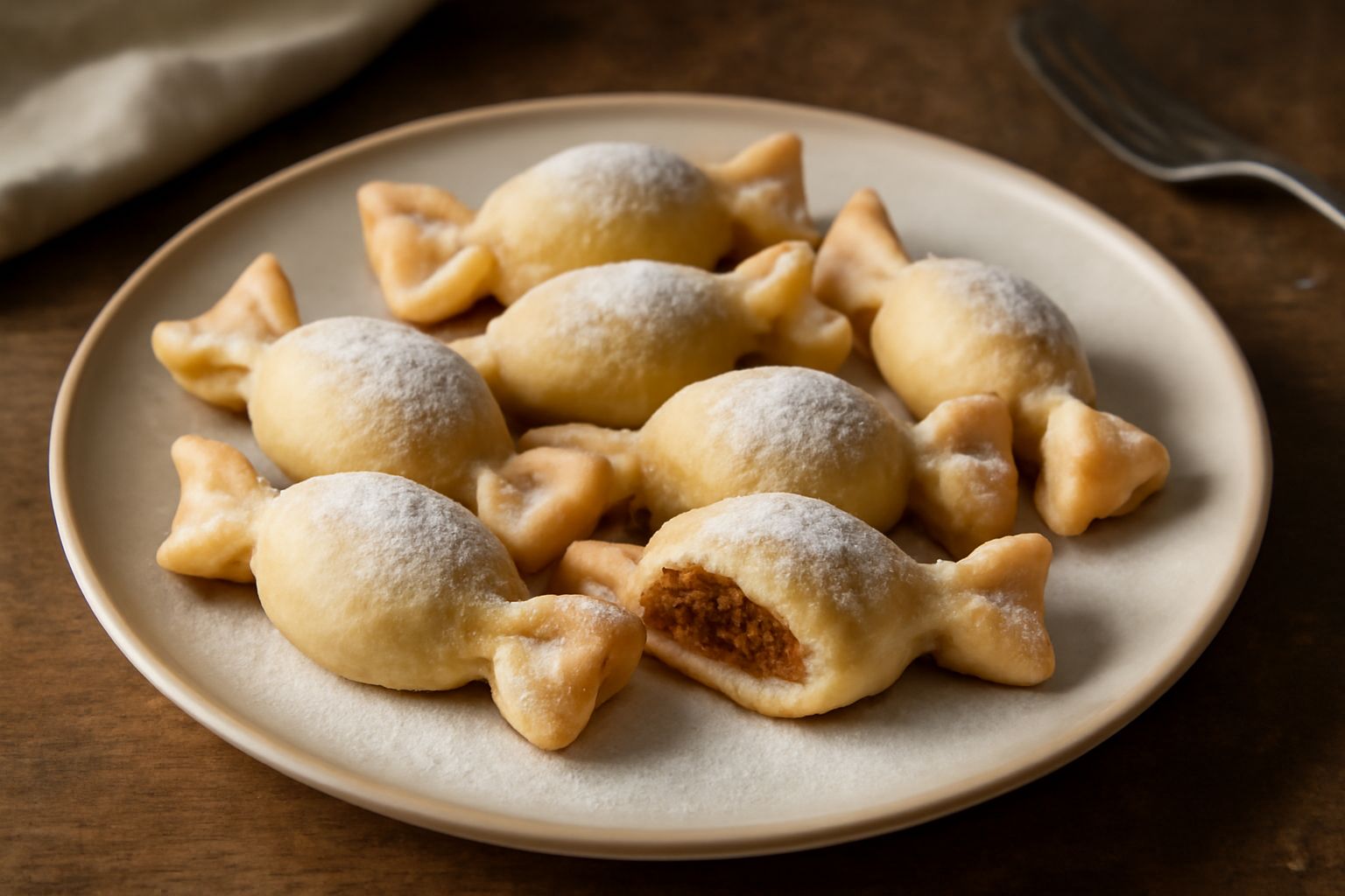 Caramelle di pasta ripiena disposte su piatto bianco, forma ovale leggermente appiattita, pasta frolla dorata, alcuni con pieghe di chiusura visibili, ripieno cremoso che fuoriesce leggermente, polver